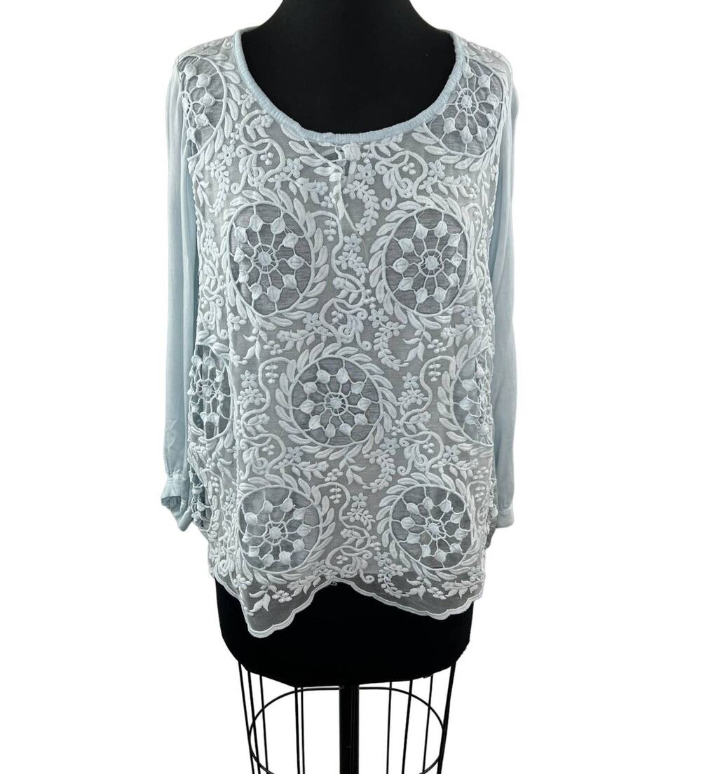 STELLA ROSA Italy Light Blue Cotton Blend Embroidered Long Sleeve Blouse Top M